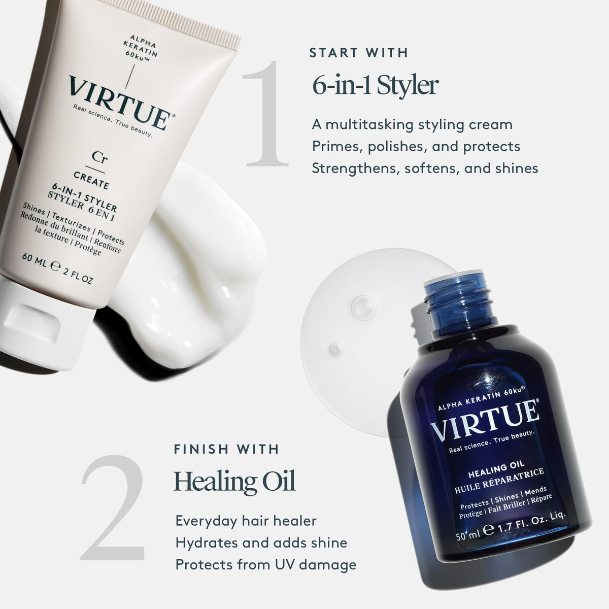 VIRTUE cream spread in hand for easy styling and manageability benefit