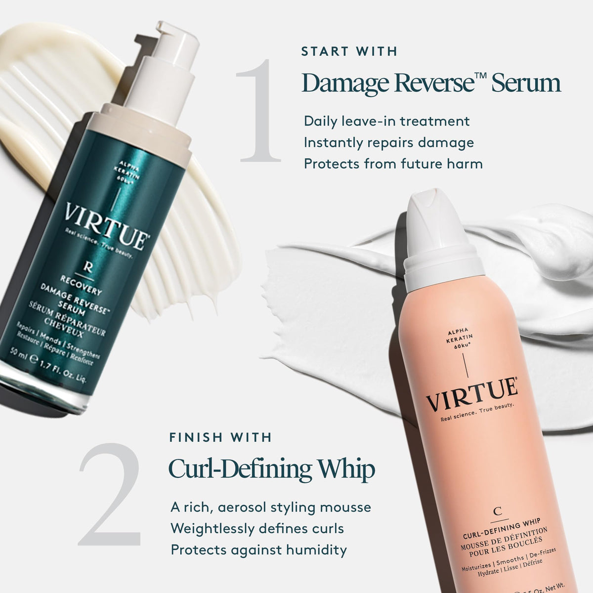 Virtue Curl Defining Whip ingredients label highlighting Alpha Keratin and oils