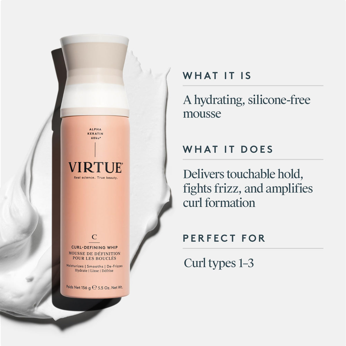 Virtue Curl Defining Whip dispensing cream illustrating easy application