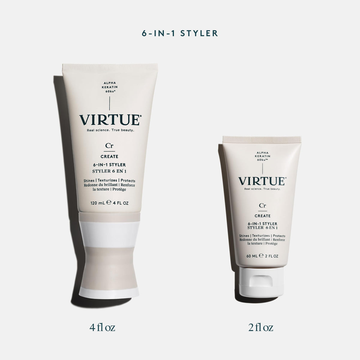 VIRTUE finished dry hair close-up showing shine boost and polished look
