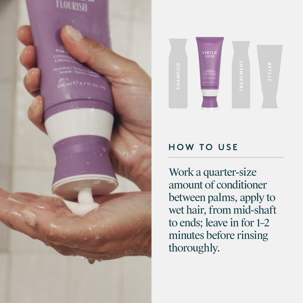 VIRTUE on bathroom shelf styled for a spa-like everyday routine benefit