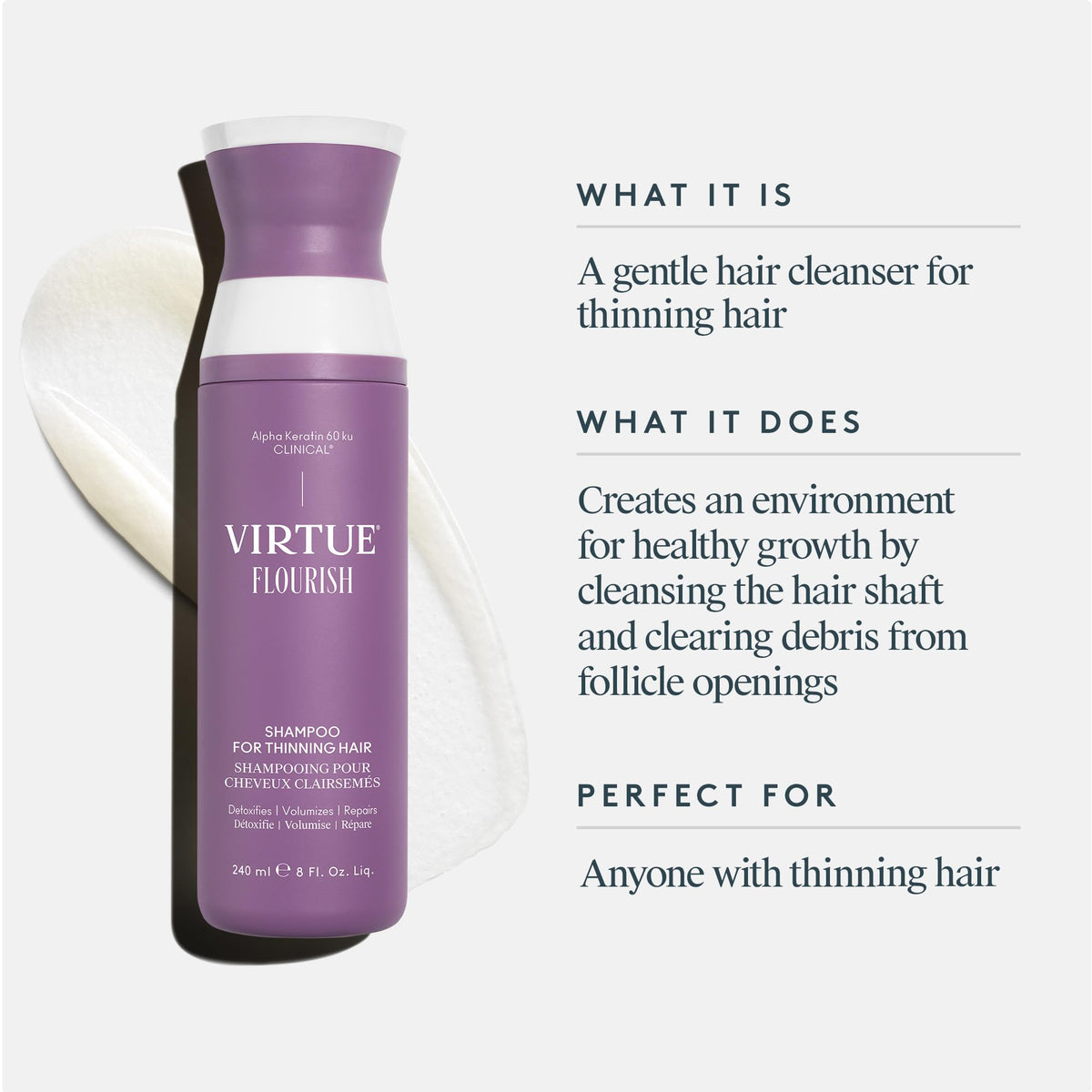 VIRTUE closeup of pump and label highlighting ingredient clarity