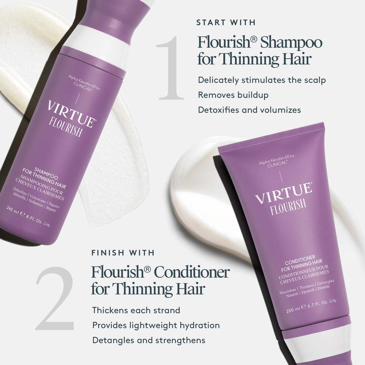 VIRTUE shampoo being applied to scalp in shower promoting purification