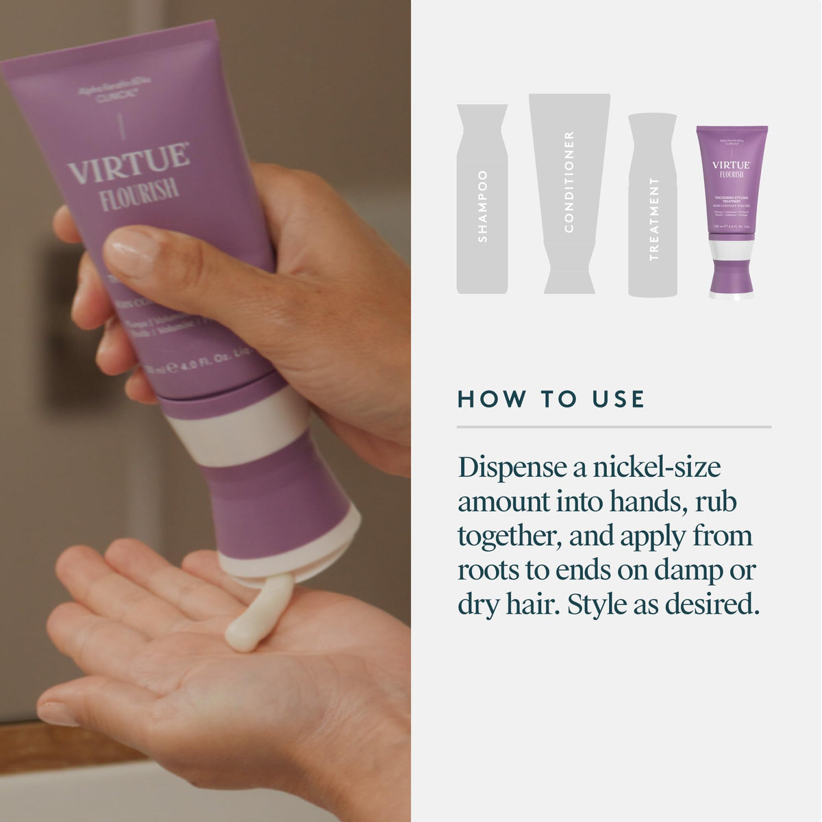 VIRTUE model with voluminous hair showing fuller-looking results in lifestyle scene