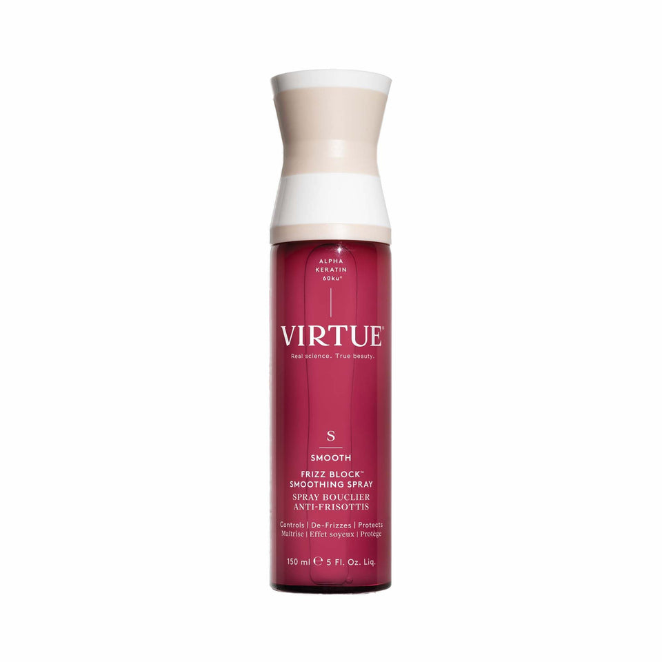 VIRTUE Frizz Block front packaging showing bottle and label benefit