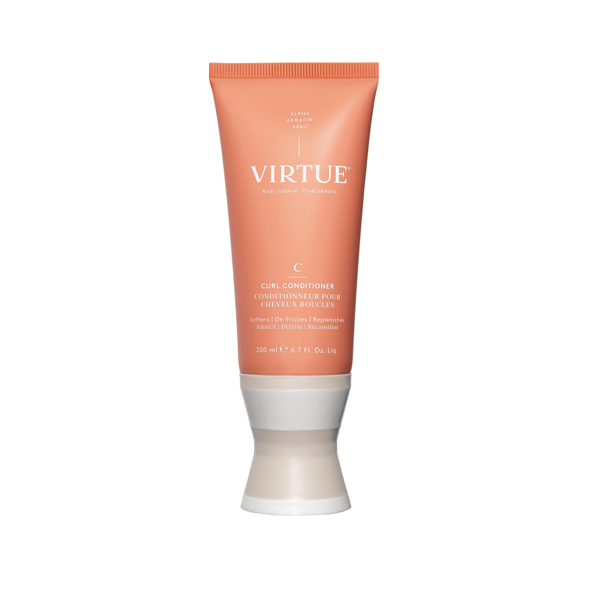 VIRTUE front bottle view showing curl conditioner benefits and labeling