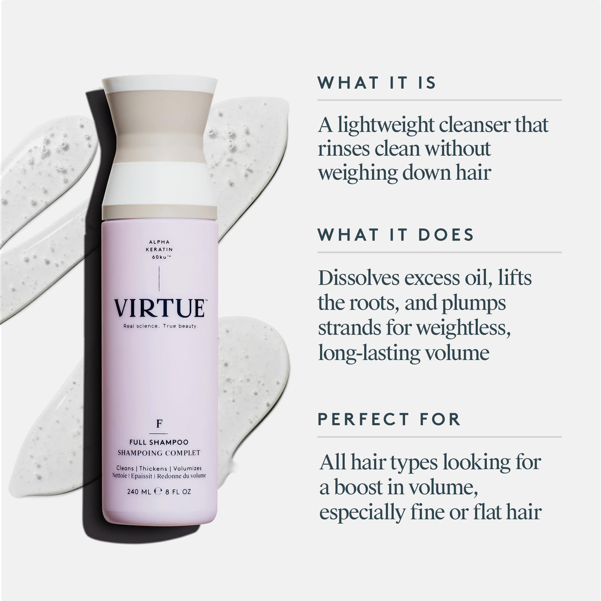 VIRTUE close-up label highlighting Alpha Keratin 60ku benefit