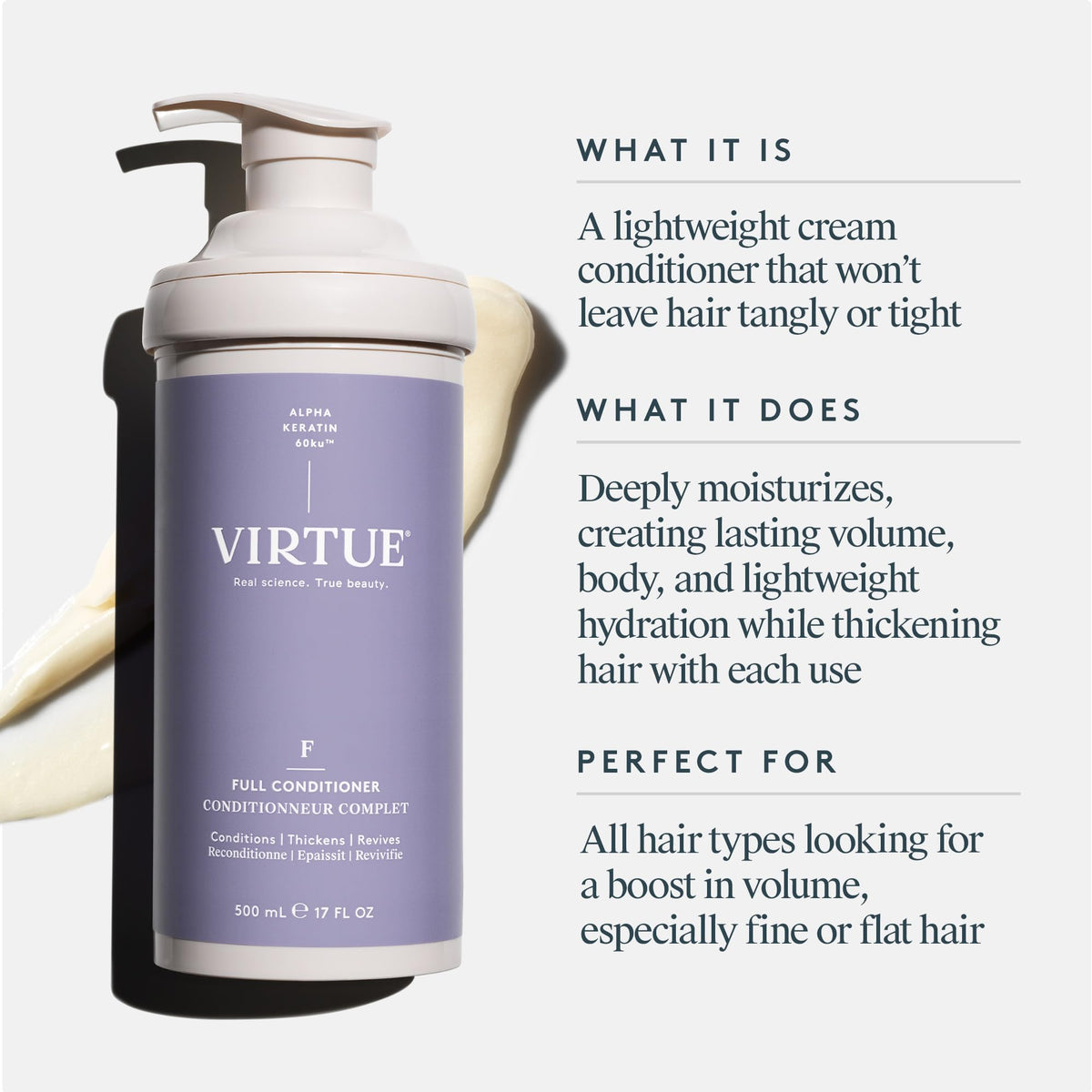 VIRTUE conditioner texture close-up highlighting lightweight feel