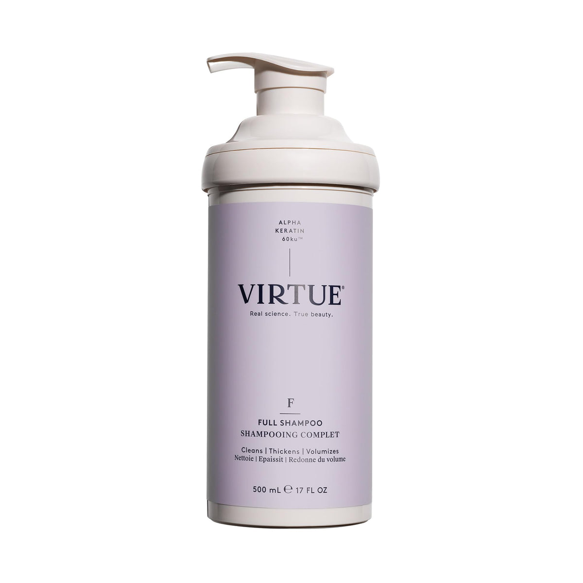 VIRTUE bottle front packaging showing product and benefit of volume