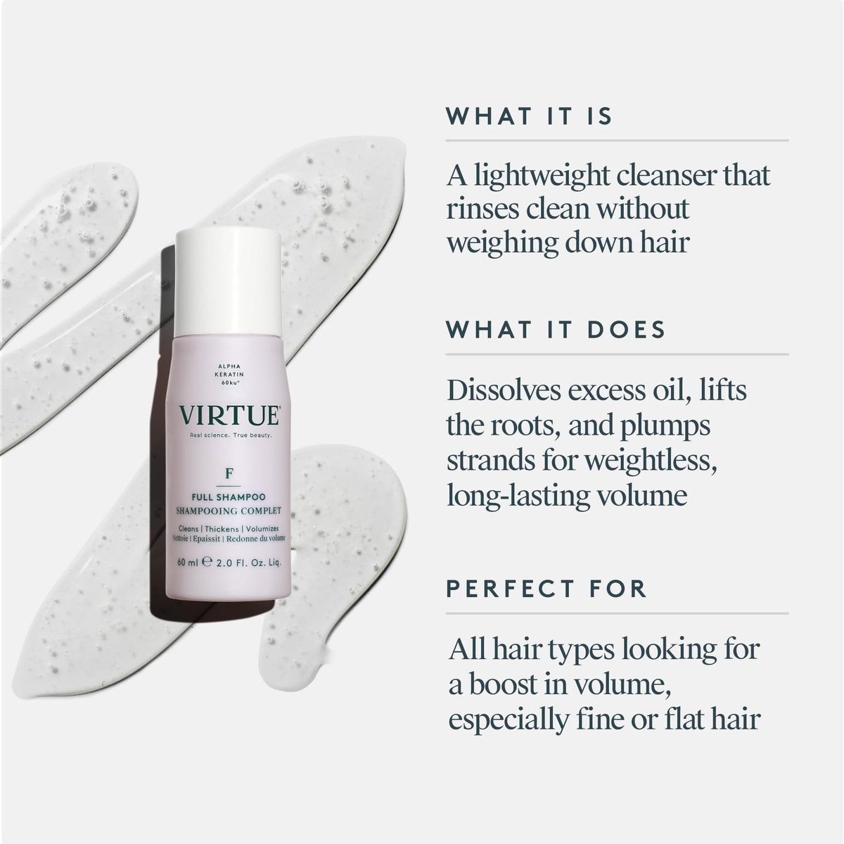 VIRTUE label close-up highlighting Alpha Keratin 60ku and benefits
