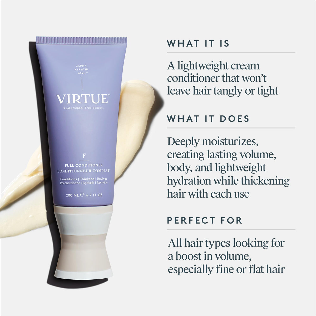 VIRTUE pump dispensing conditioner texture, shows lightweight spreadability