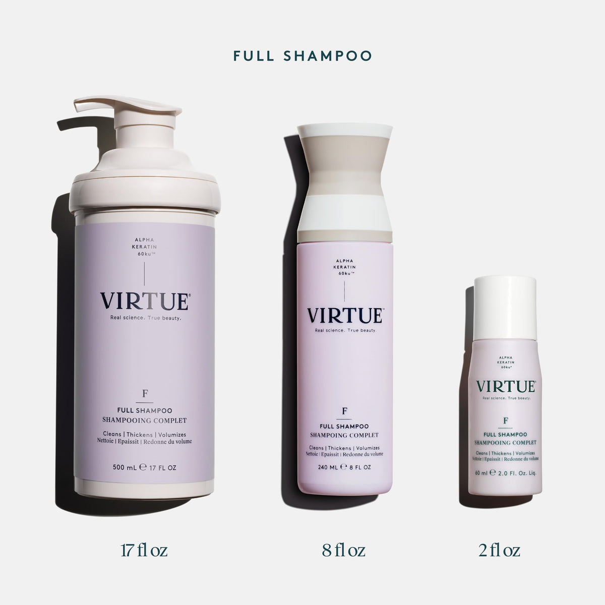 VIRTUE bottle beside a hand for size comparison and travel-friendly benefit