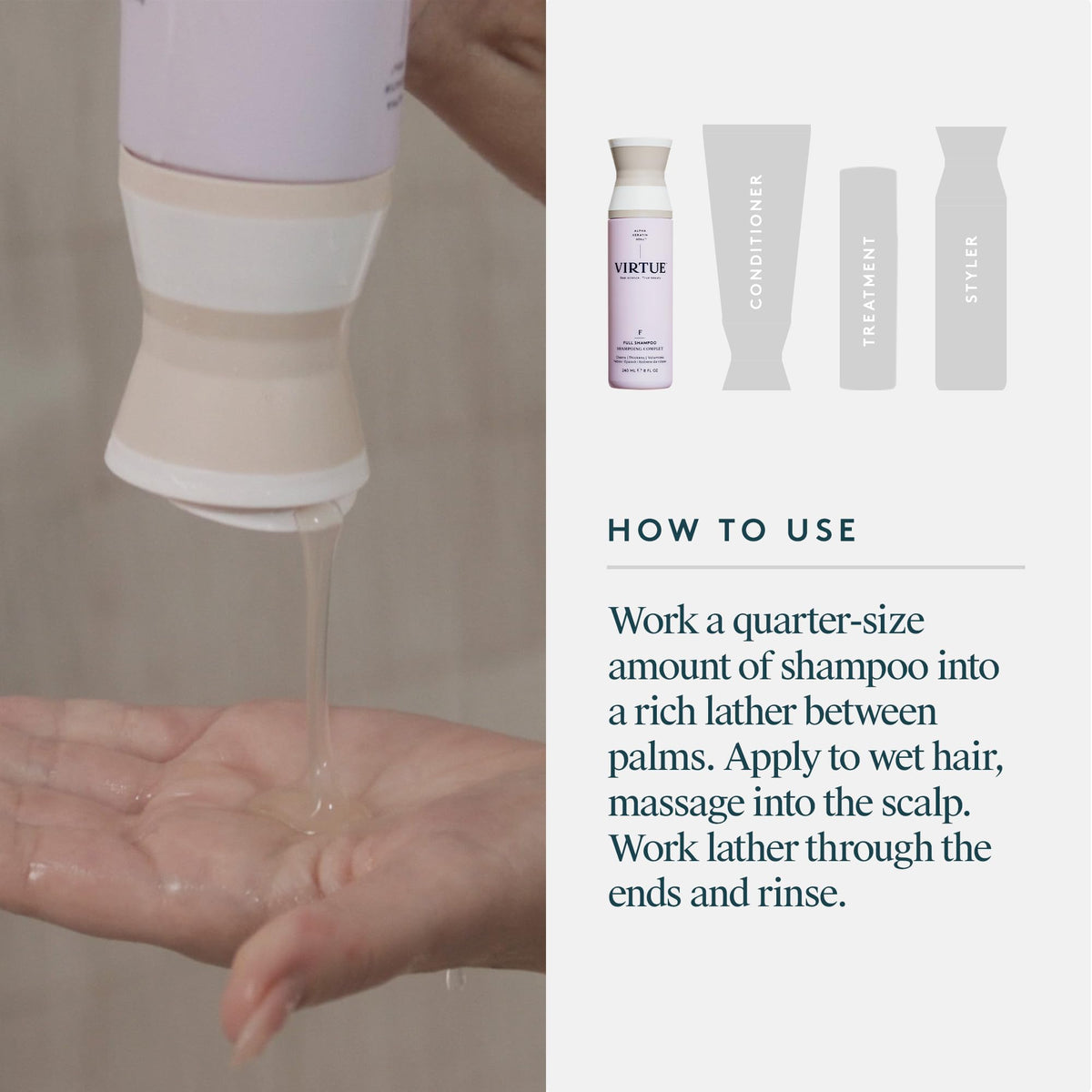VIRTUE bottle next to hand for size scale and travel-friendly benefit