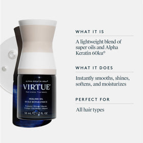 VIRTUE pump and label close-up highlighting ingredients and clarity