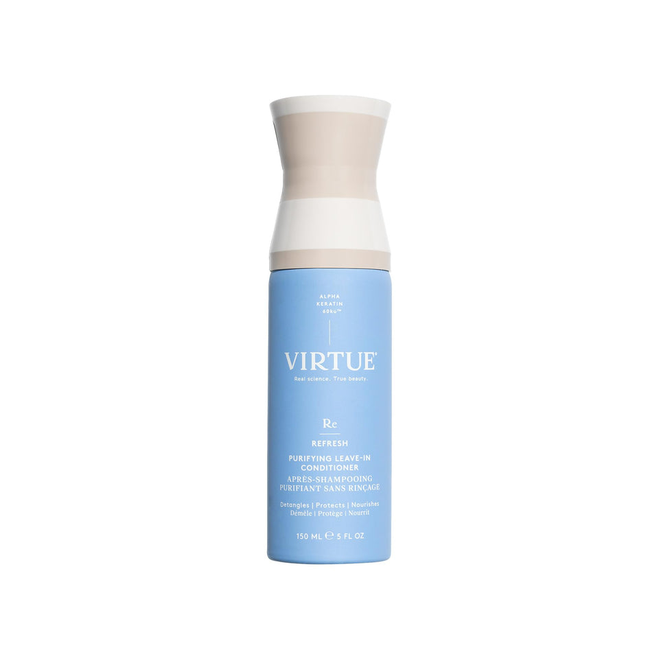 VIRTUE leave-in front packaging showing bottle and logo for easy identification and benefits