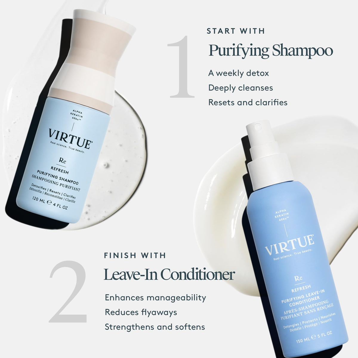 VIRTUE product label close-up highlighting Alpha Keratin ingredient and clean formulation