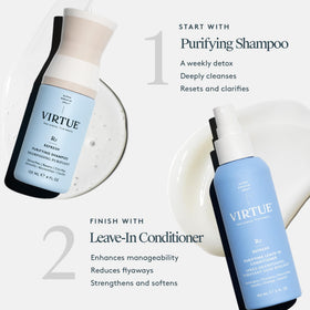 VIRTUE product label close-up highlighting Alpha Keratin ingredient and clean formulation