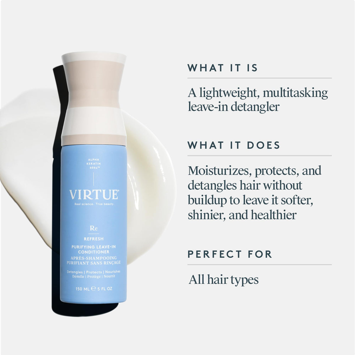 VIRTUE leave-in fine mist spraying to demonstrate lightweight application and quick absorption
