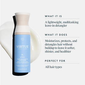 VIRTUE leave-in fine mist spraying to demonstrate lightweight application and quick absorption