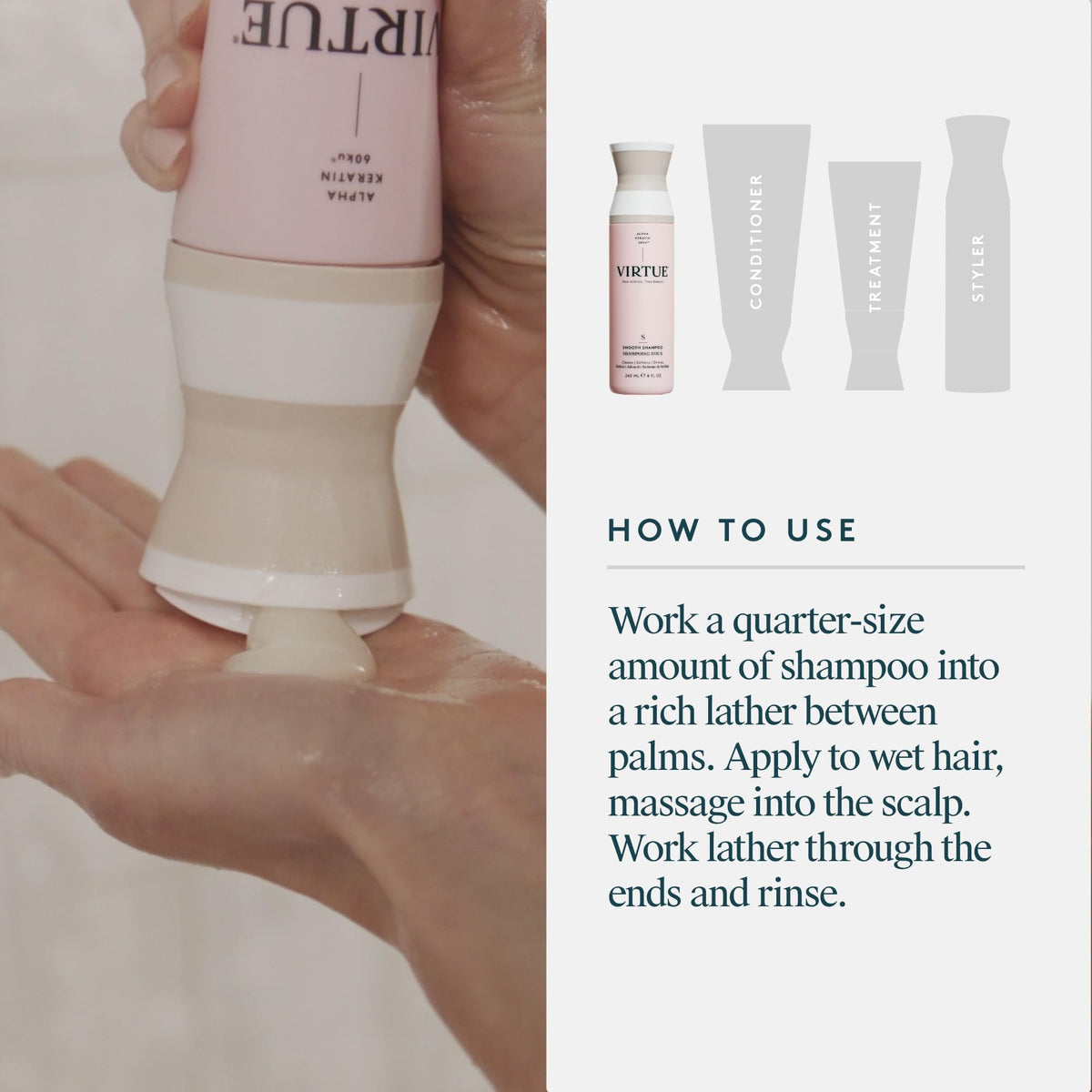 VIRTUE on bathroom shelf styled to show premium routine benefit