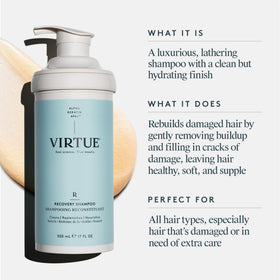 VIRTUE recovery shampoo pump and label highlighting clean formula