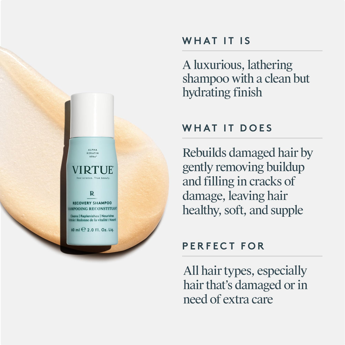 VIRTUE label close-up highlighting Alpha Keratin 60ku and ingredients