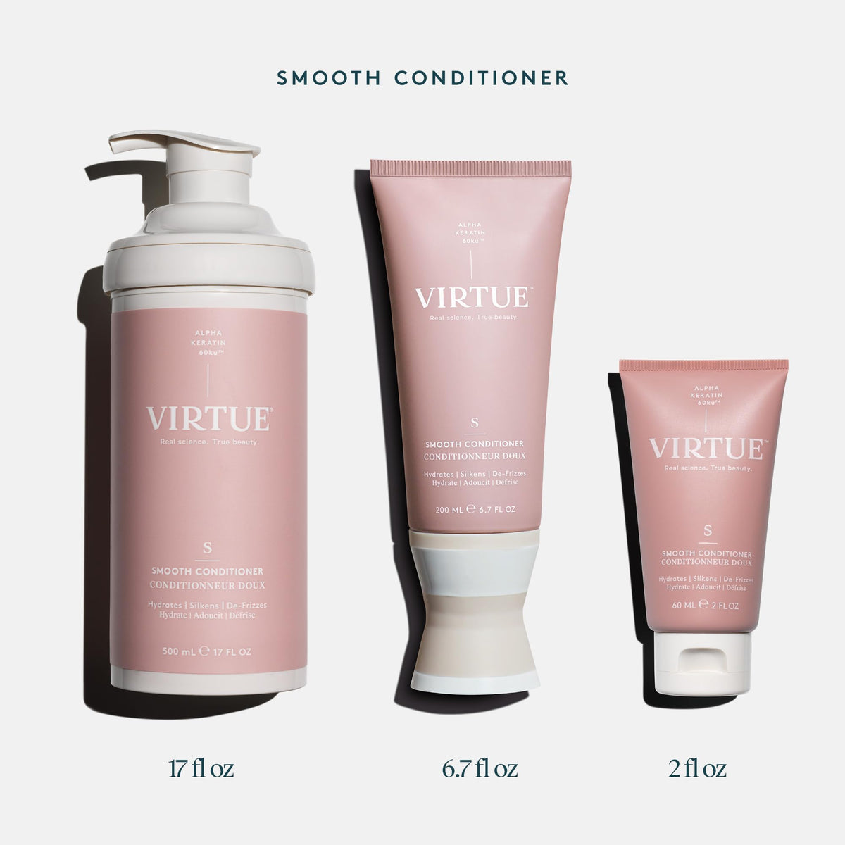 VIRTUE visible before and after hair comparison showing smoother, shinier strands
