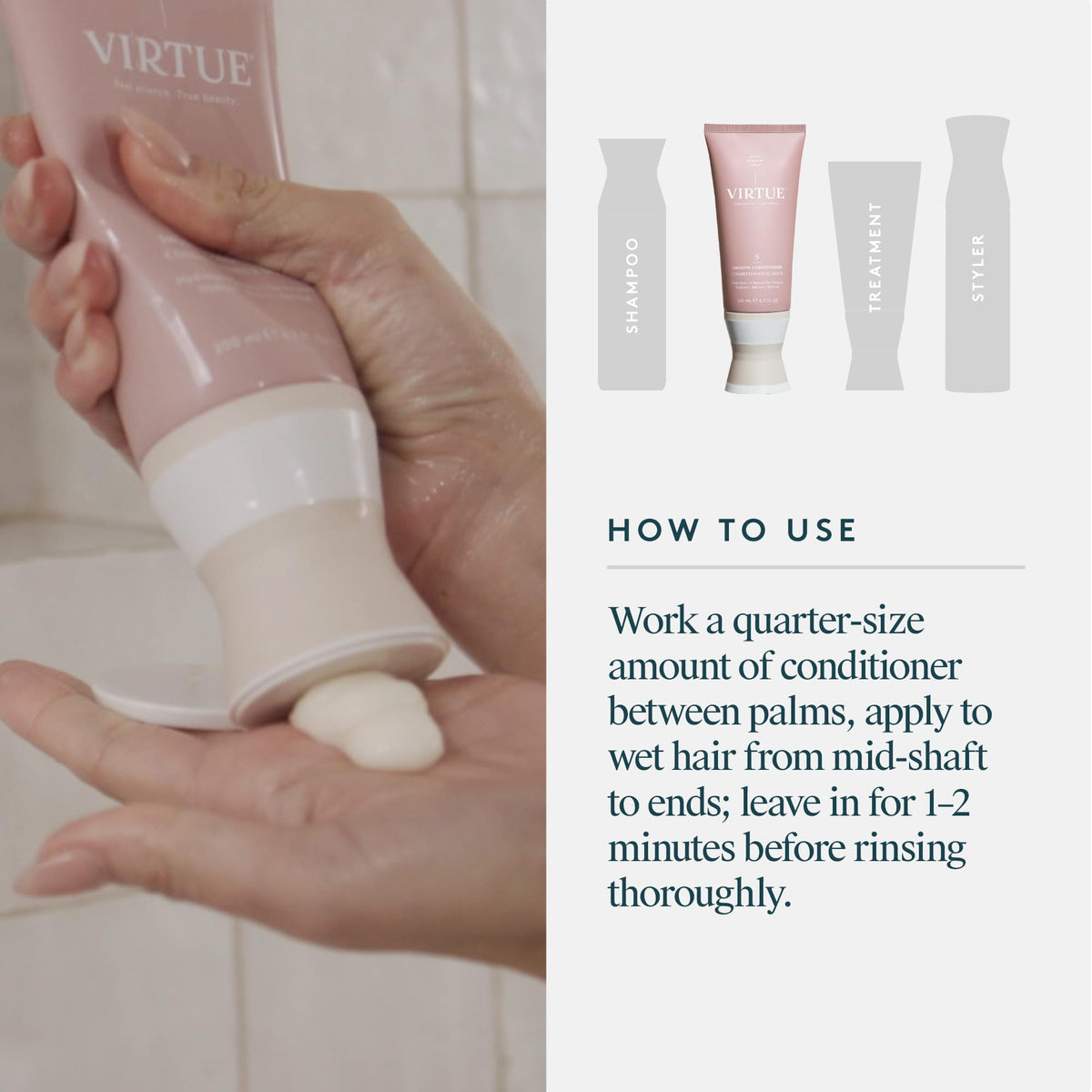 VIRTUE bottle next to hand for size comparison emphasizing travel-friendly scale