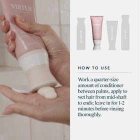VIRTUE bottle next to hand for size comparison emphasizing travel-friendly scale