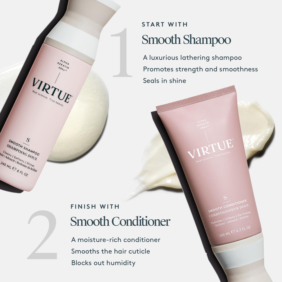 VIRTUE shampoo pouring into hand to show easy application and slip benefit