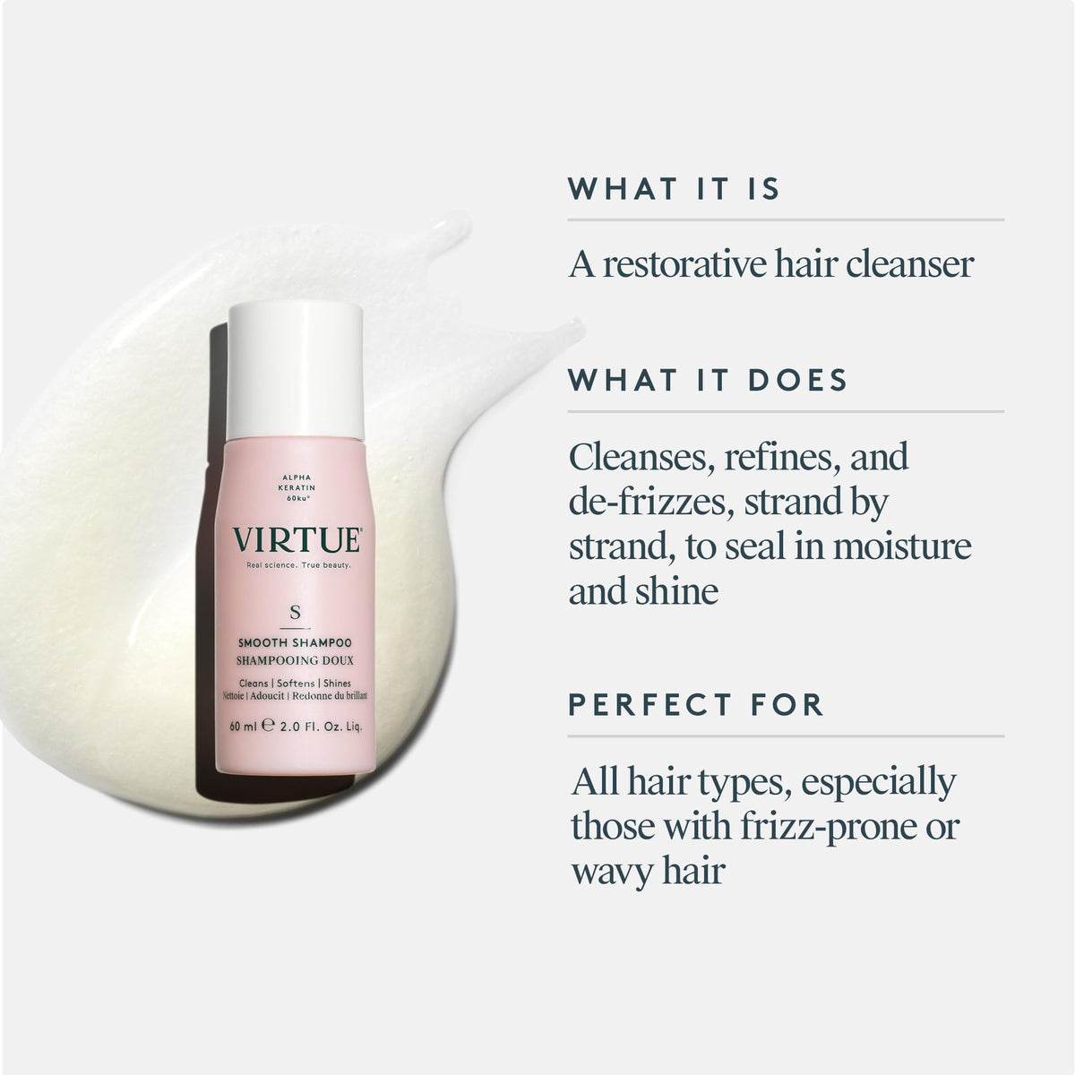 VIRTUE bottle label and pump highlighting clean-ingredient claim