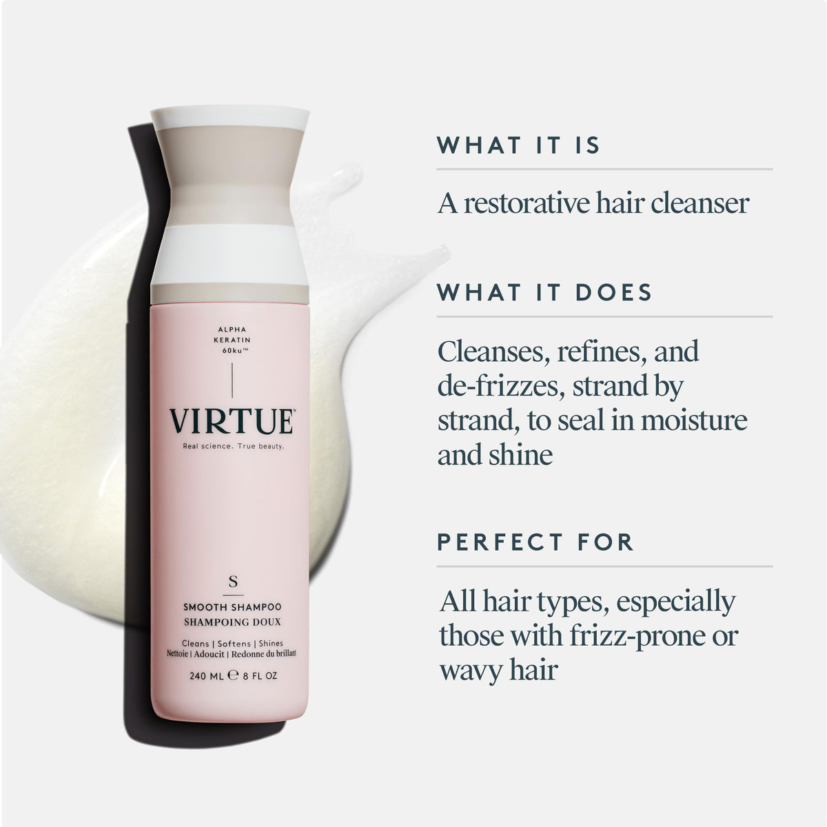 VIRTUE label close-up highlighting ingredients and gentle cleansing benefit