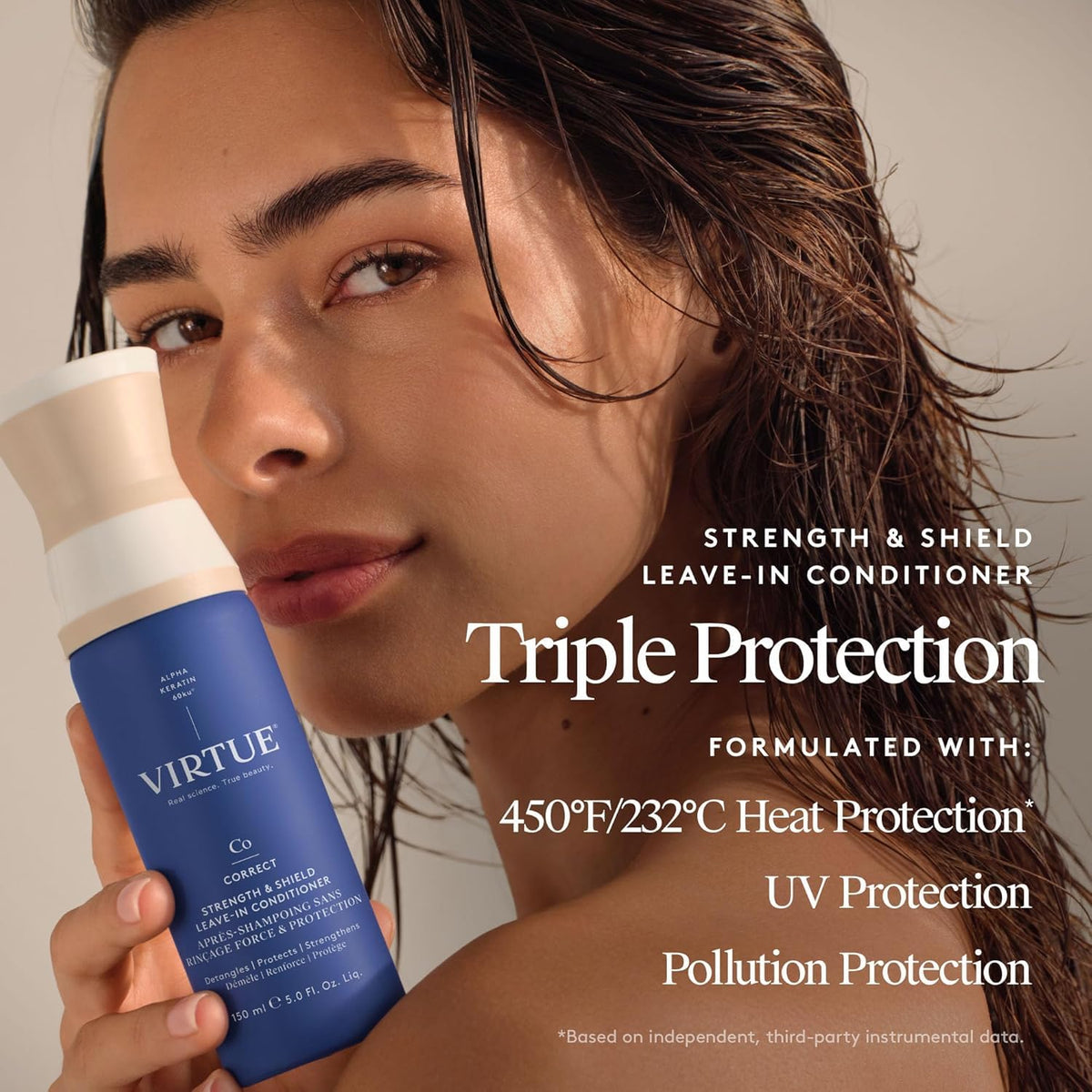 VIRTUE bottle styled on bathroom shelf in routine-friendly setting