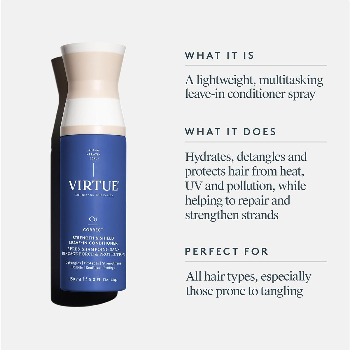 VIRTUE spray nozzle dispensing mist for easy detangling and control
