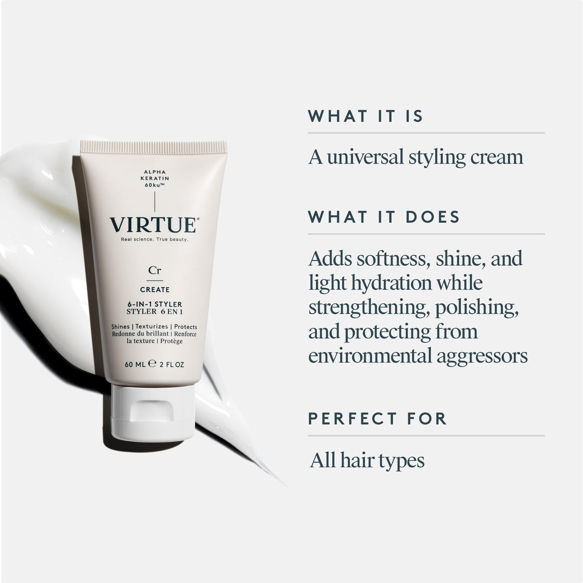 VIRTUE bottle pump and label closeup highlighting ingredients and usage