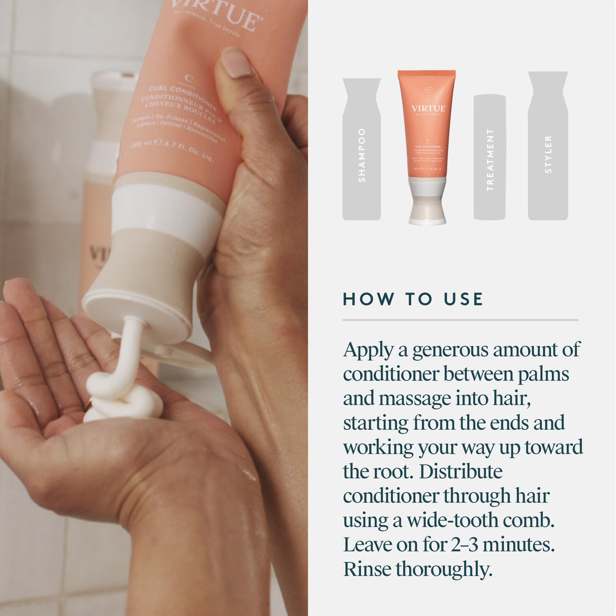 VIRTUE travel bottle in toiletry bag for on-the-go curl care convenience
