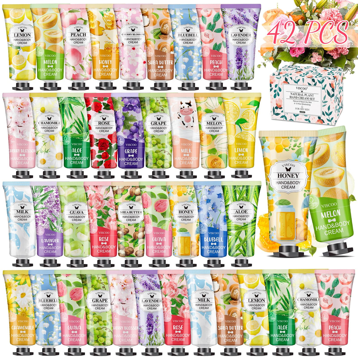 VISCOO front packaging showing 42 mini hand cream tubes and variety benefit
