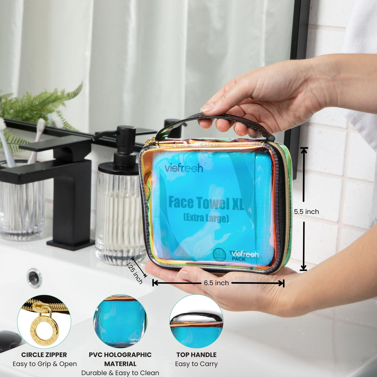 Visfresh open case displaying fifteen extra-large towels for easy refill and visibility