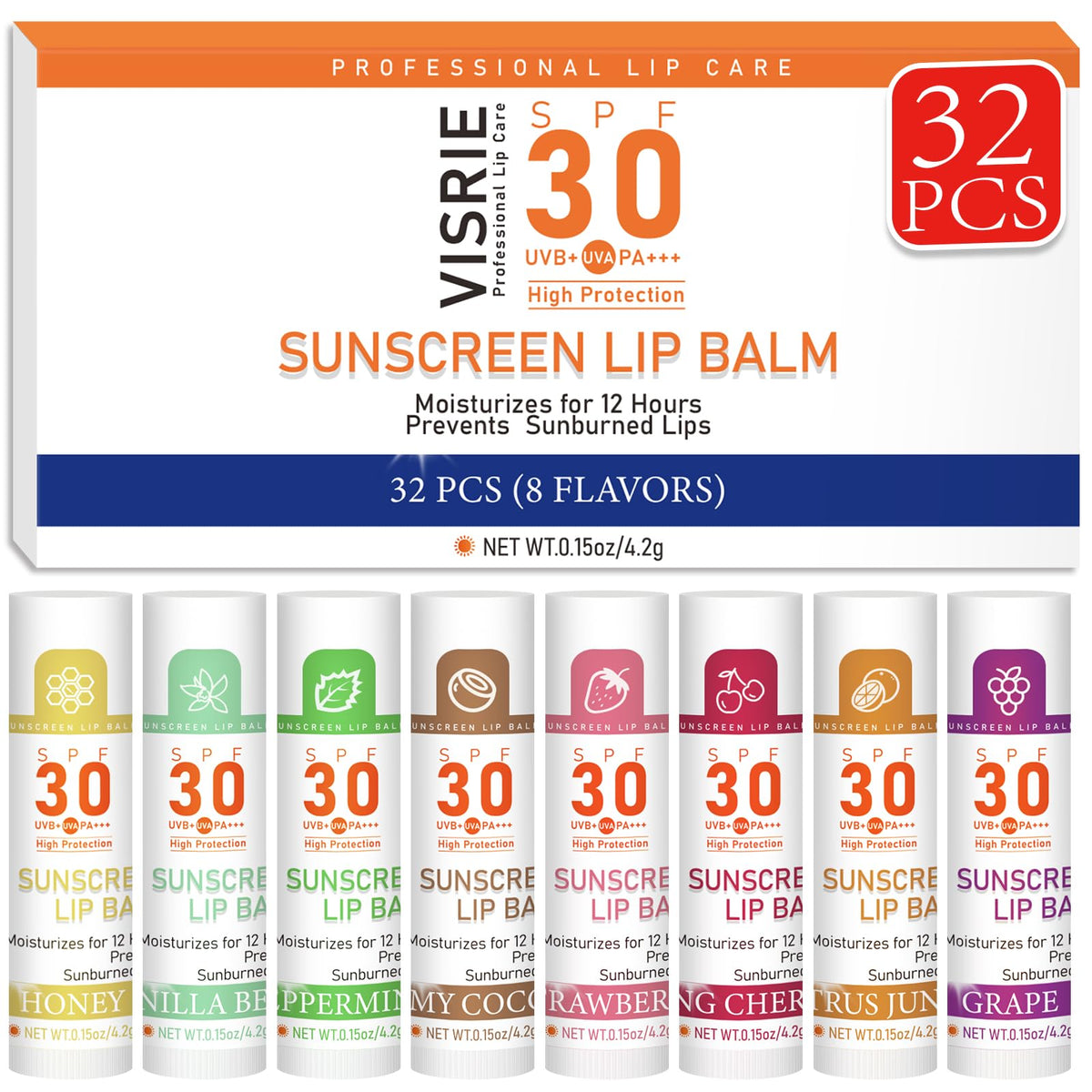 VISRIE front packaging of 32-pack showing compact travel tubes and protection benefit