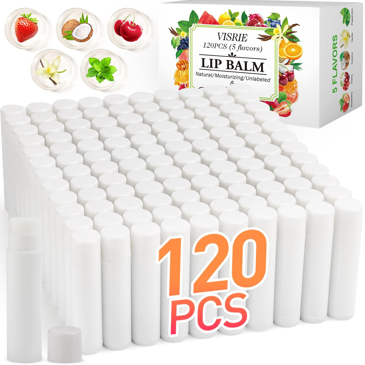 VISRIE front packaging showing 120 unlabeled tubes and flavor tabs for easy sorting and branding