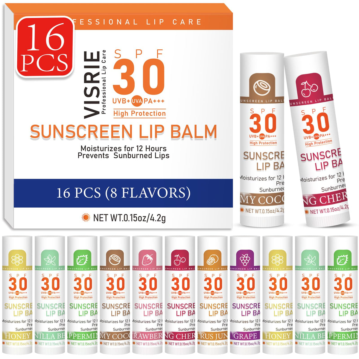 VISRIE front packaging showing 16 travel-size SPF 30 lip balms and convenience