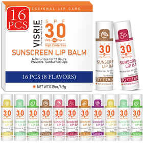 VISRIE front packaging showing 16 travel-size SPF 30 lip balms and convenience