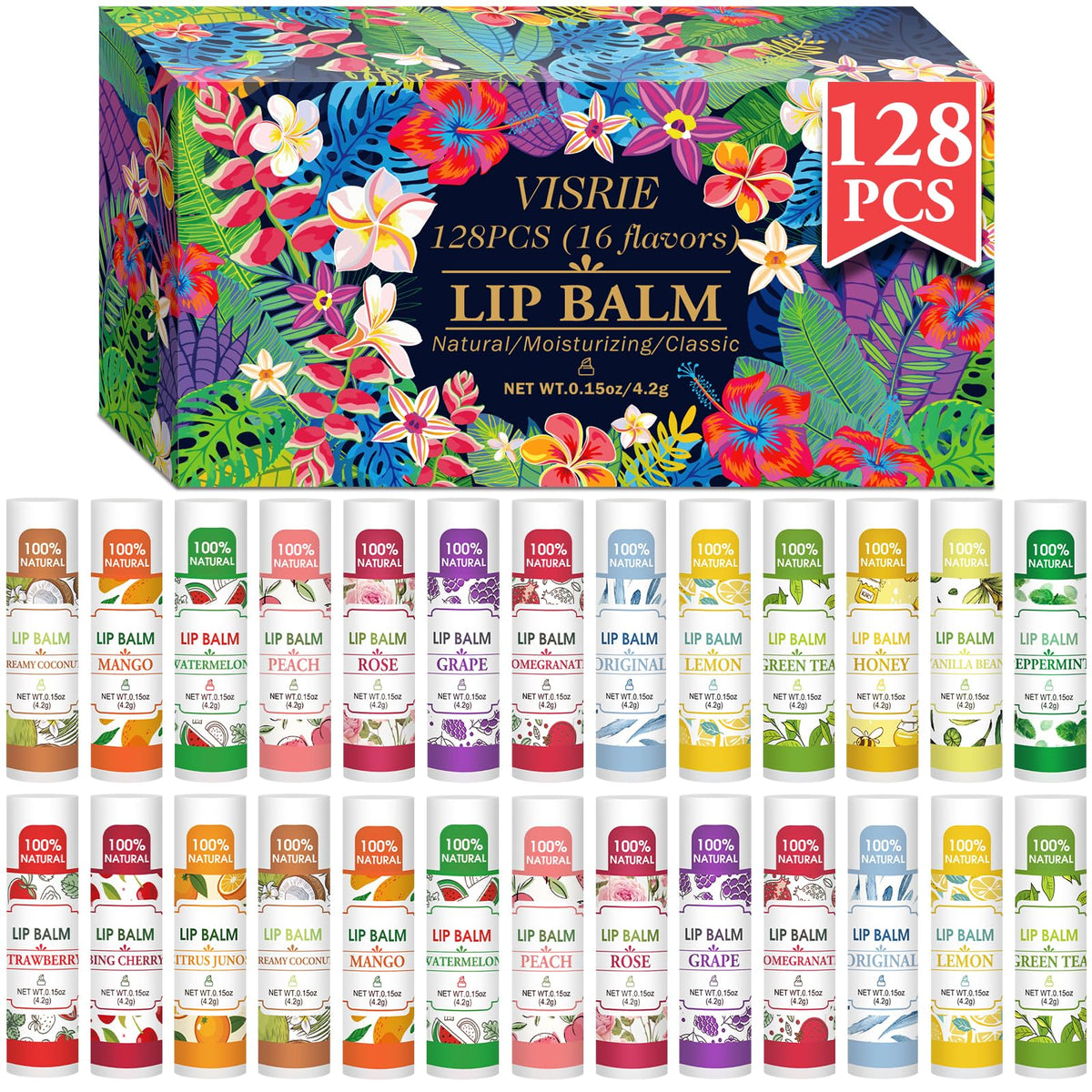 VISRIE front packaging showing 128-count assortment and branding benefit convenience
