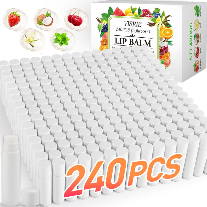 VISRIE front packaging showing 240 unlabeled lip balm tubes and included labels, perfect for events
