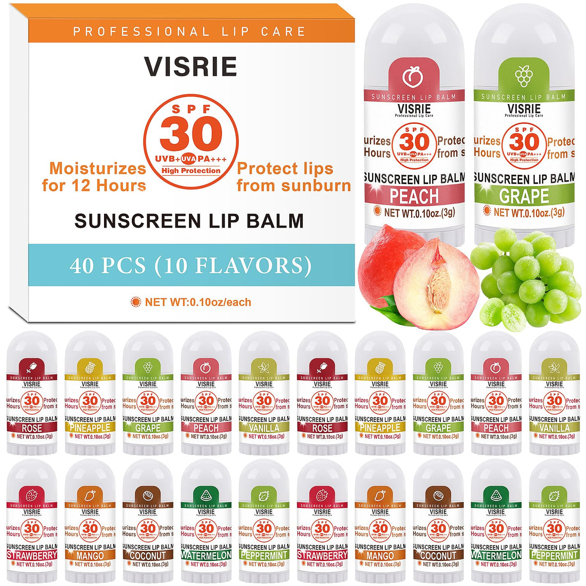 VISRIE front packaging showing 40-count SPF 30 lip balms for convenient protection