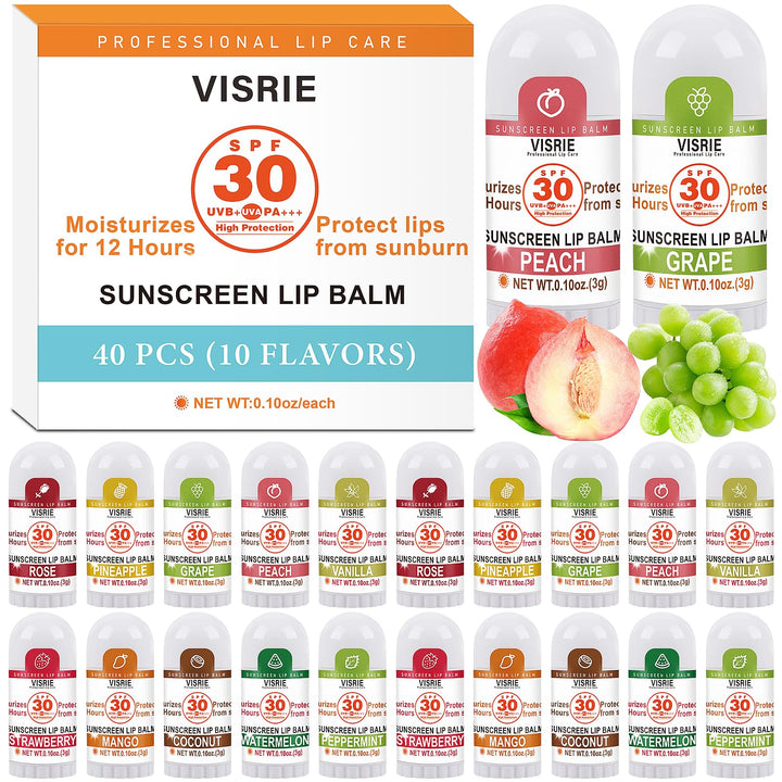VISRIE front packaging showing 40-count SPF 30 lip balms for convenient protection