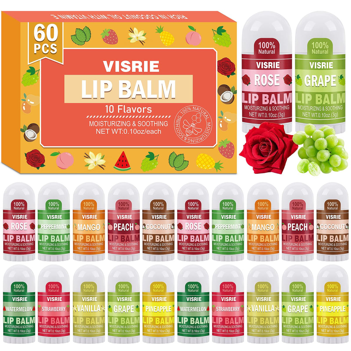 VISRIE front packaging showing 60 mini lip balms and variety