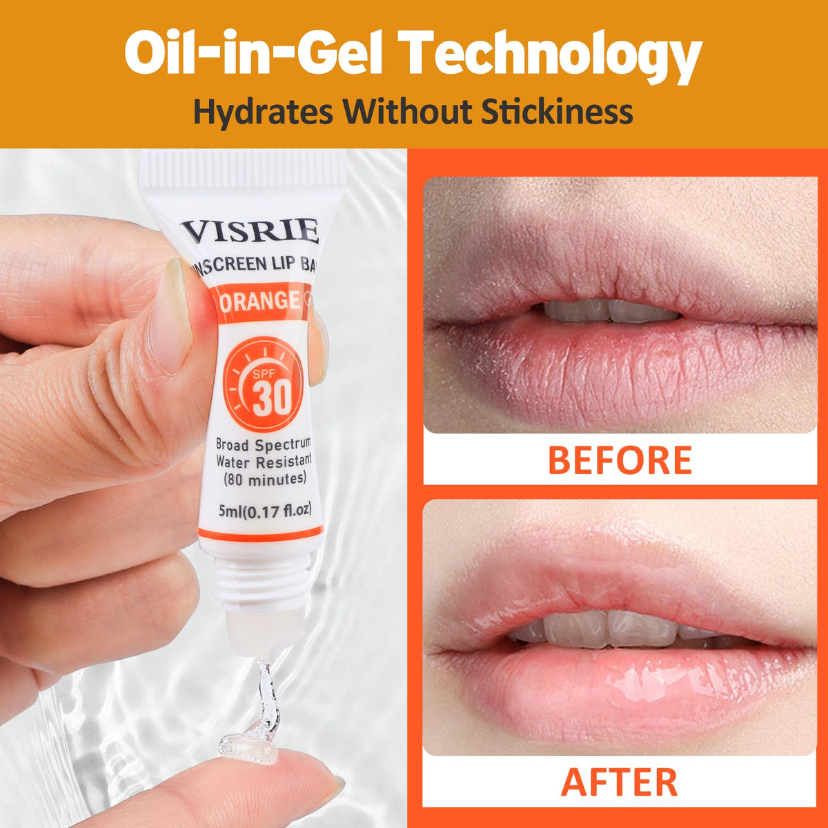 VISRIE balm applied on lips showing clear glossy finish and hydration