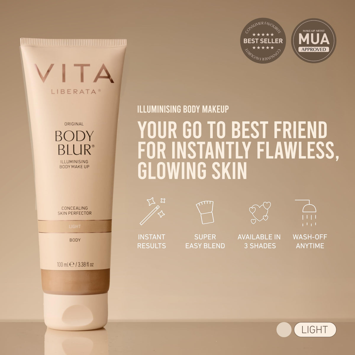 Vita Liberata applied on leg demonstrating smooth coverage and instant skin-perfecting benefit