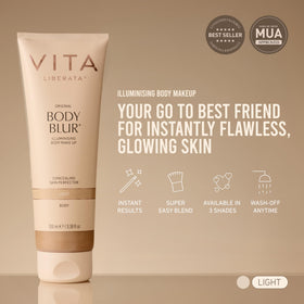Vita Liberata applied on leg demonstrating smooth coverage and instant skin-perfecting benefit